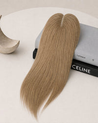 Silicone skin hair topper, straight light brown hair, adhesive pad on top