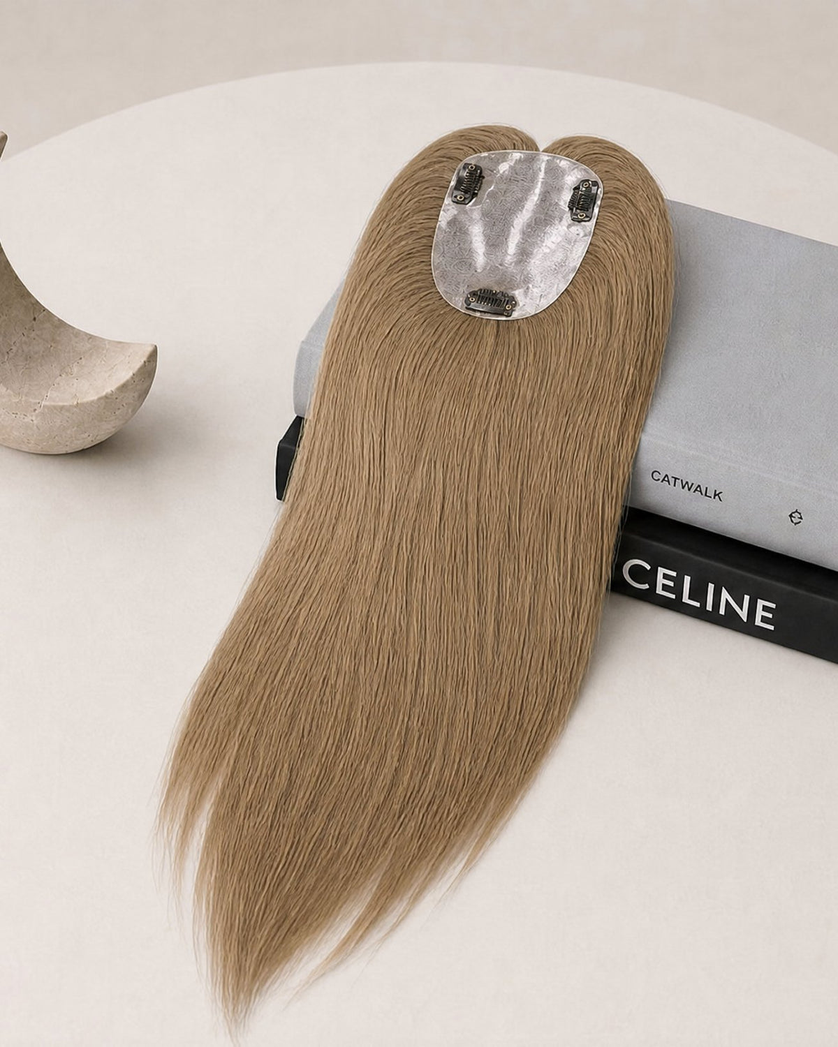 Silicone skin hair topper, straight blonde-brown hair, adhesive pad on top