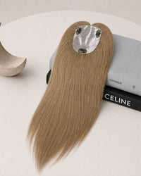 Silicone skin hair topper, straight blonde-brown hair, adhesive pad on top