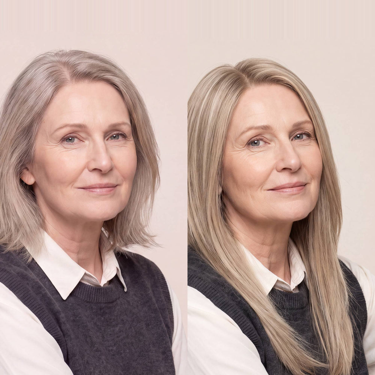 Silicone skin topper close-up; straight hair in silver gray and pale blonde tones.
