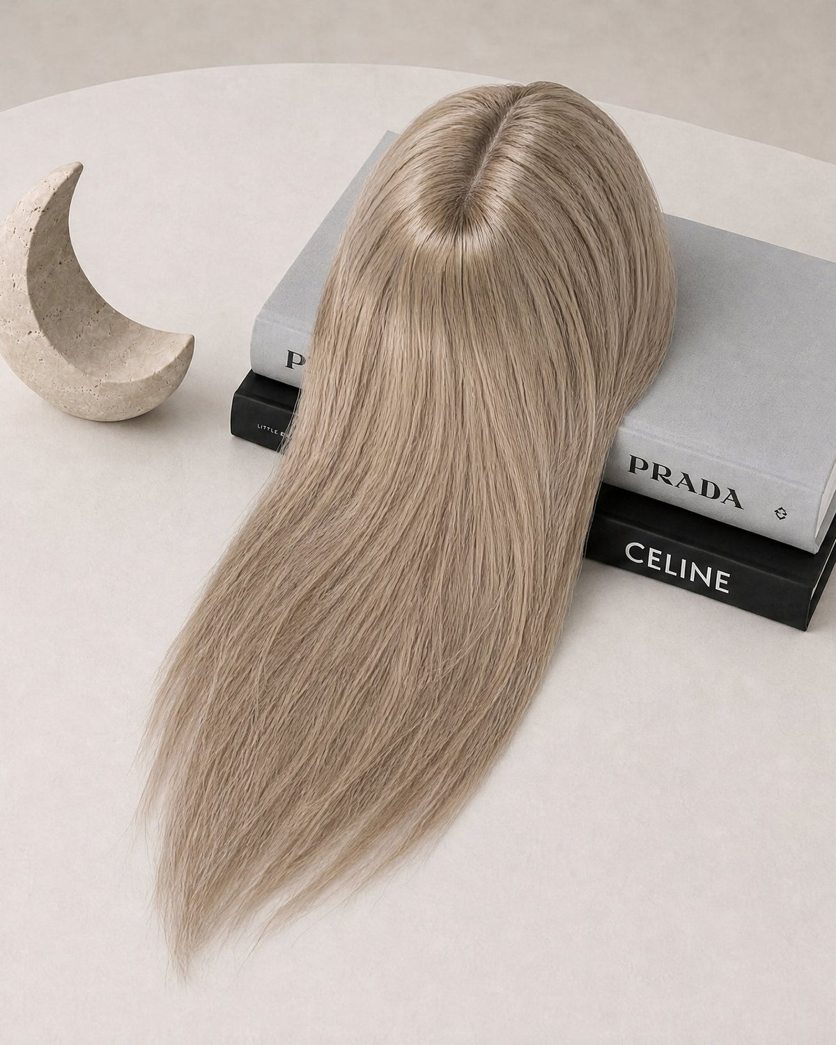 Silicone-skin hair topper with long straight light ash-blonde hair