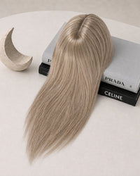 Silicone-skin hair topper with long straight light ash-blonde hair