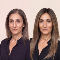 Silicone skin topper on models; straight hair in dark brown and blonde tones (two views).