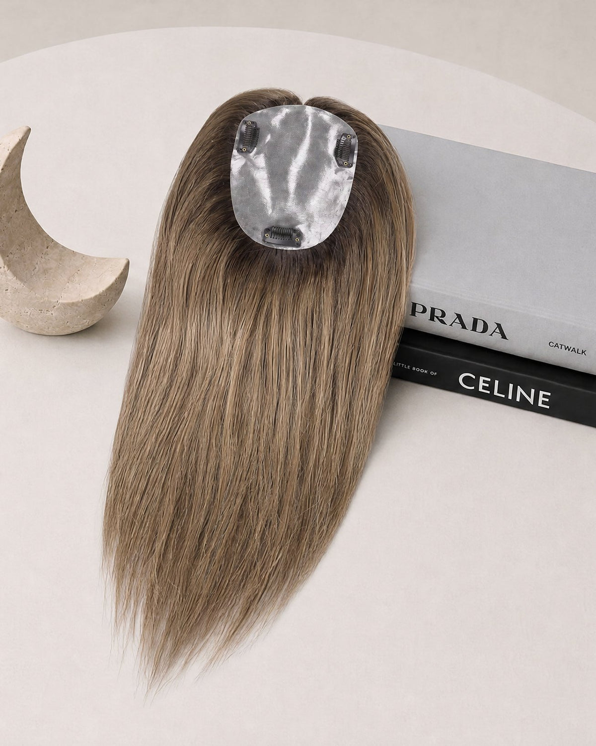 Silicone skin hair topper, straight dark brown hair, adhesive pad on top