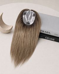 Silicone skin hair topper, straight dark brown hair, adhesive pad on top