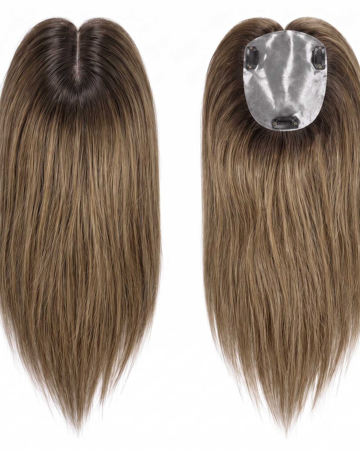 Silicone skin topper hair pieces with silicone skin backing and clips, long straight strands.