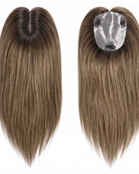Silicone skin topper hair pieces with silicone skin backing and clips, long straight strands.