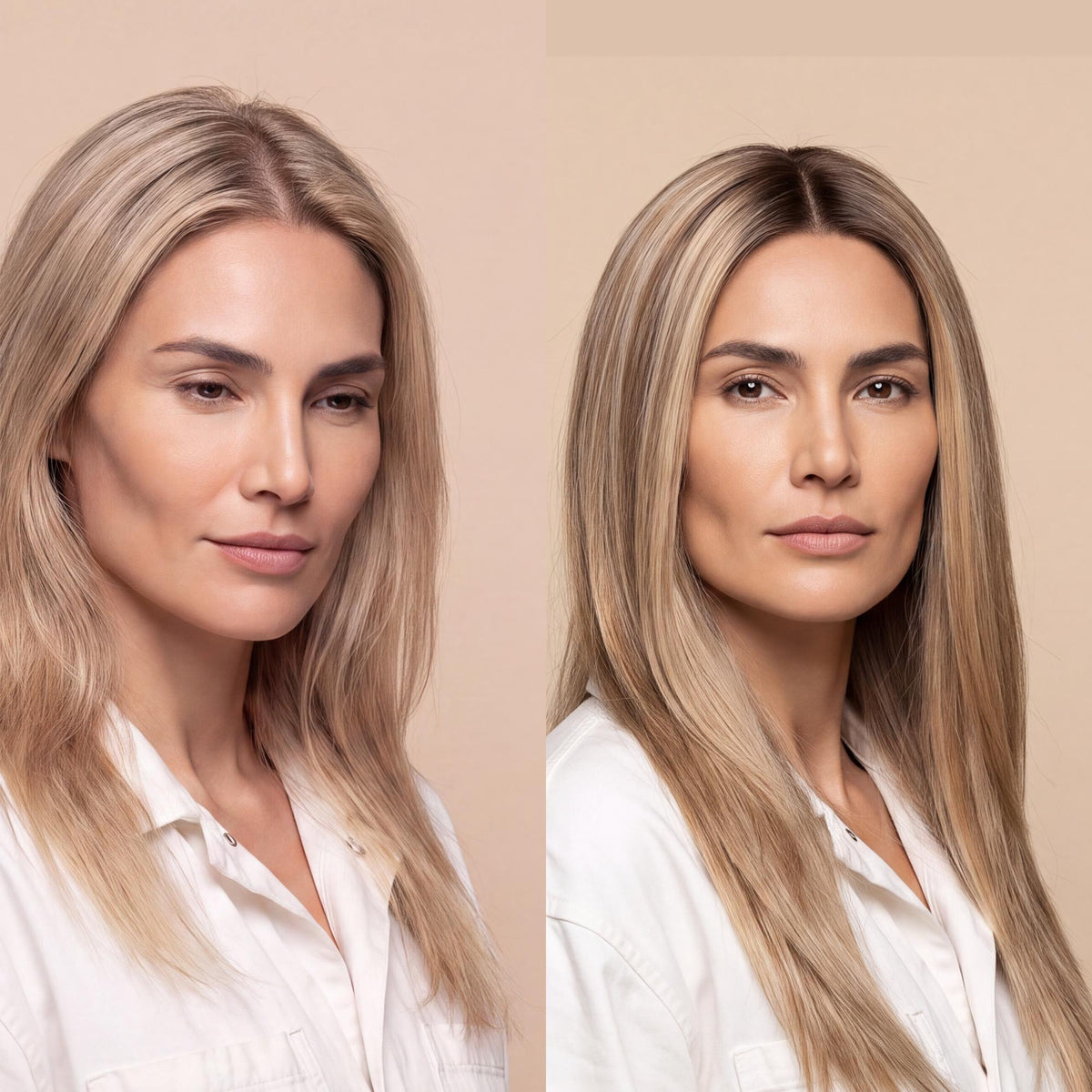 Silicone skin topper close-up; straight hair in ash blonde and light blonde tones.