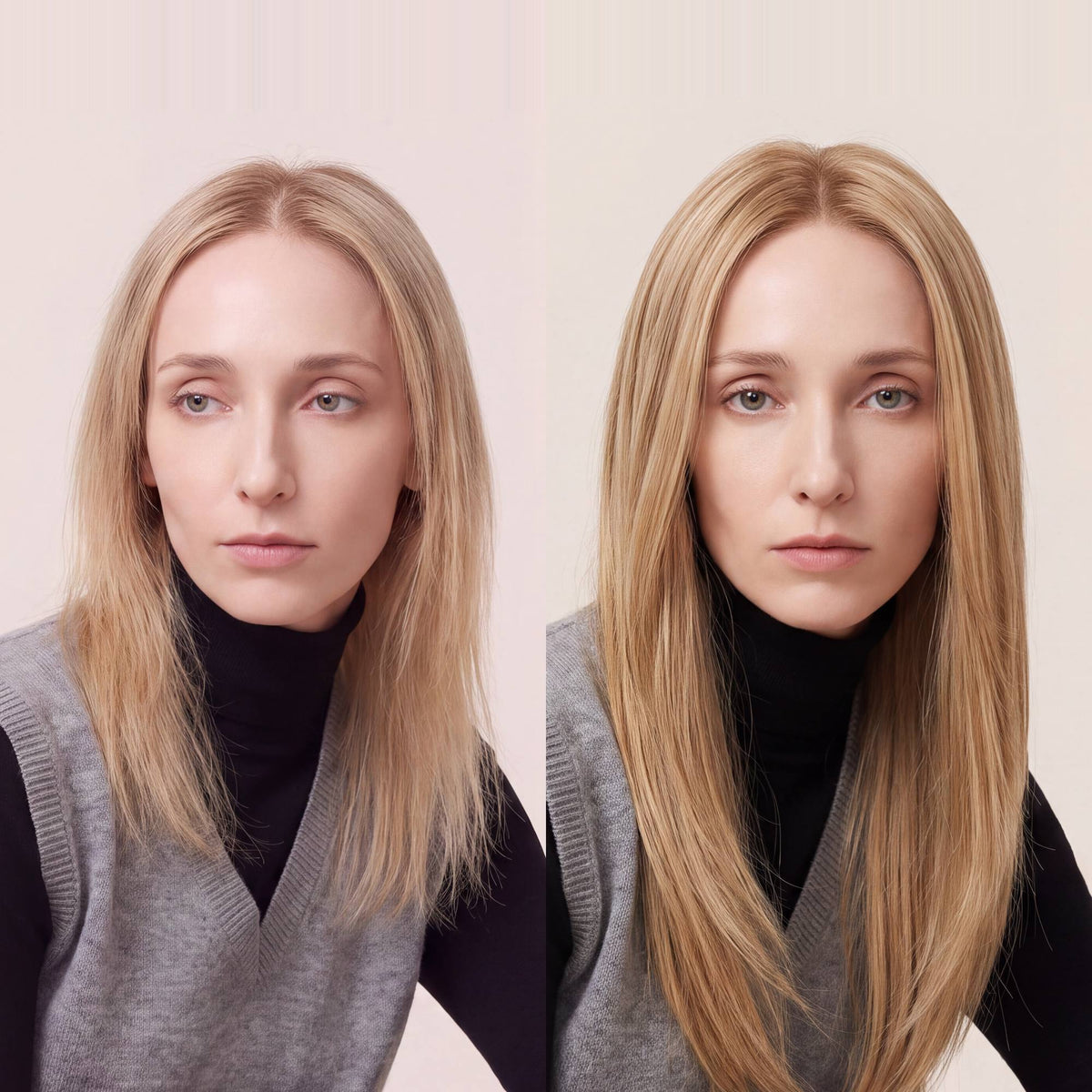 Light blonde hair topper close-up, center part and straight strands