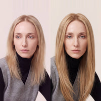 Light blonde hair topper close-up, center part and straight strands