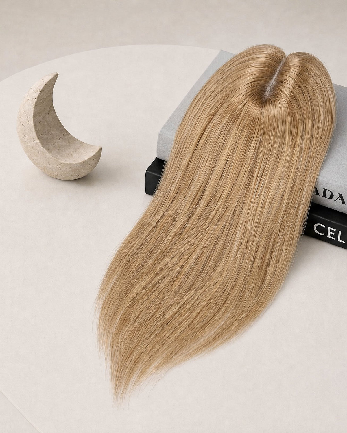 Silicone-skin hair topper with long straight golden blonde hair