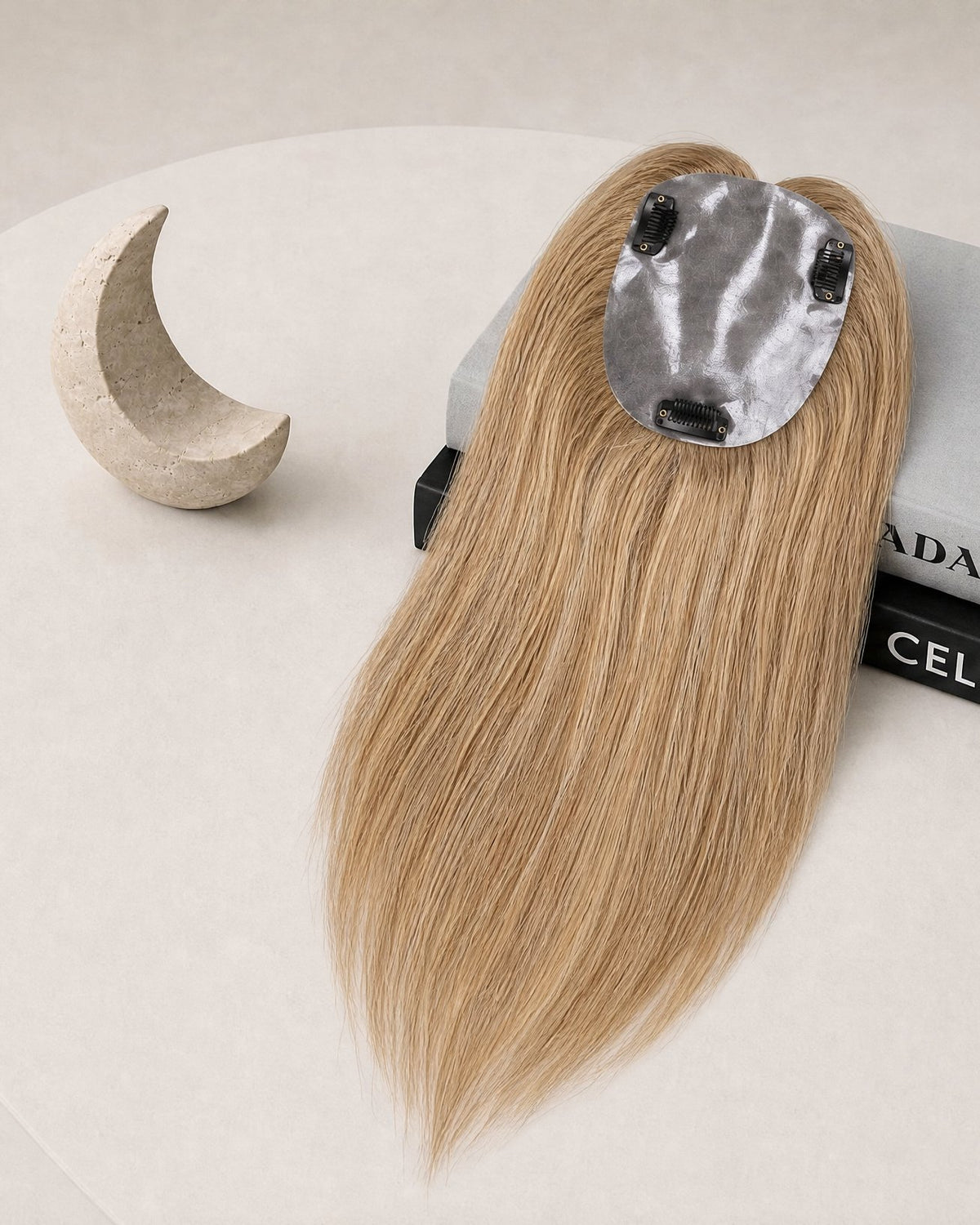 Silicone-skin hair topper with long straight light blonde hair
