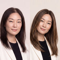 Dark and light brown hair topper close-up, center part and hairline