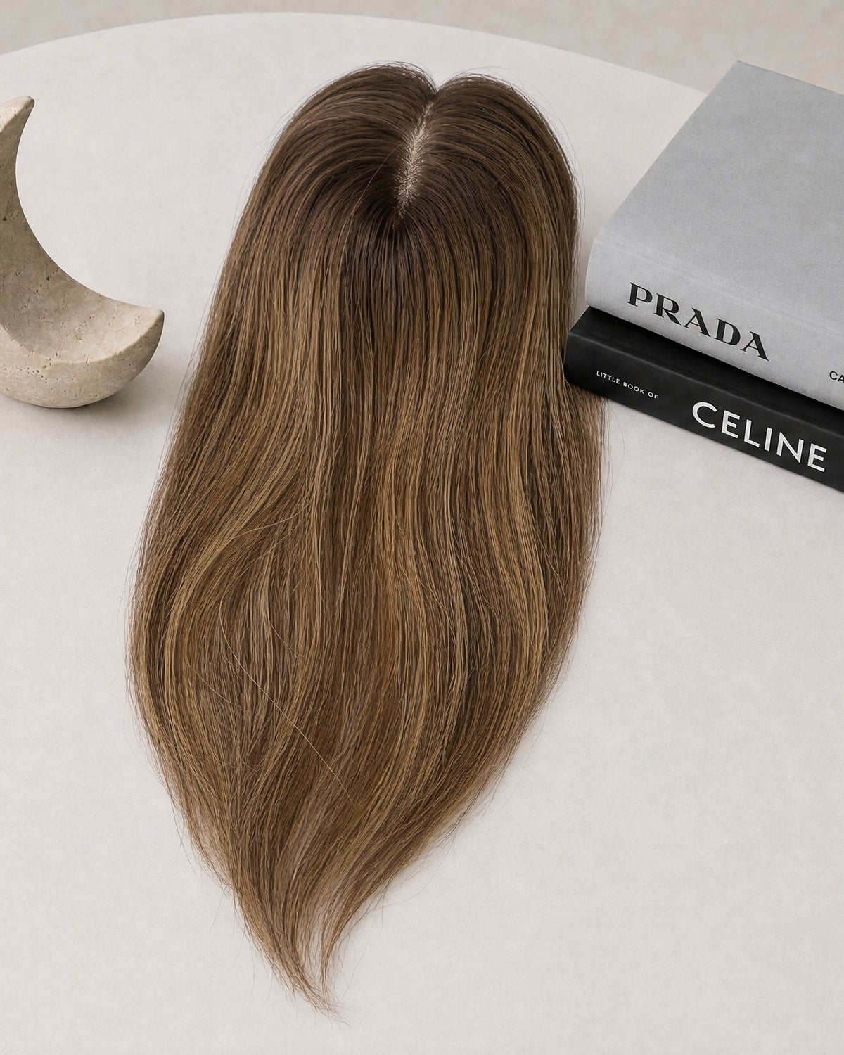 Silicone-skin hair topper with long straight dark brown hair