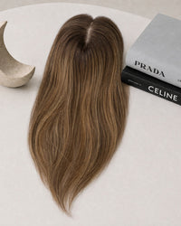 Silicone-skin hair topper with long straight dark brown hair