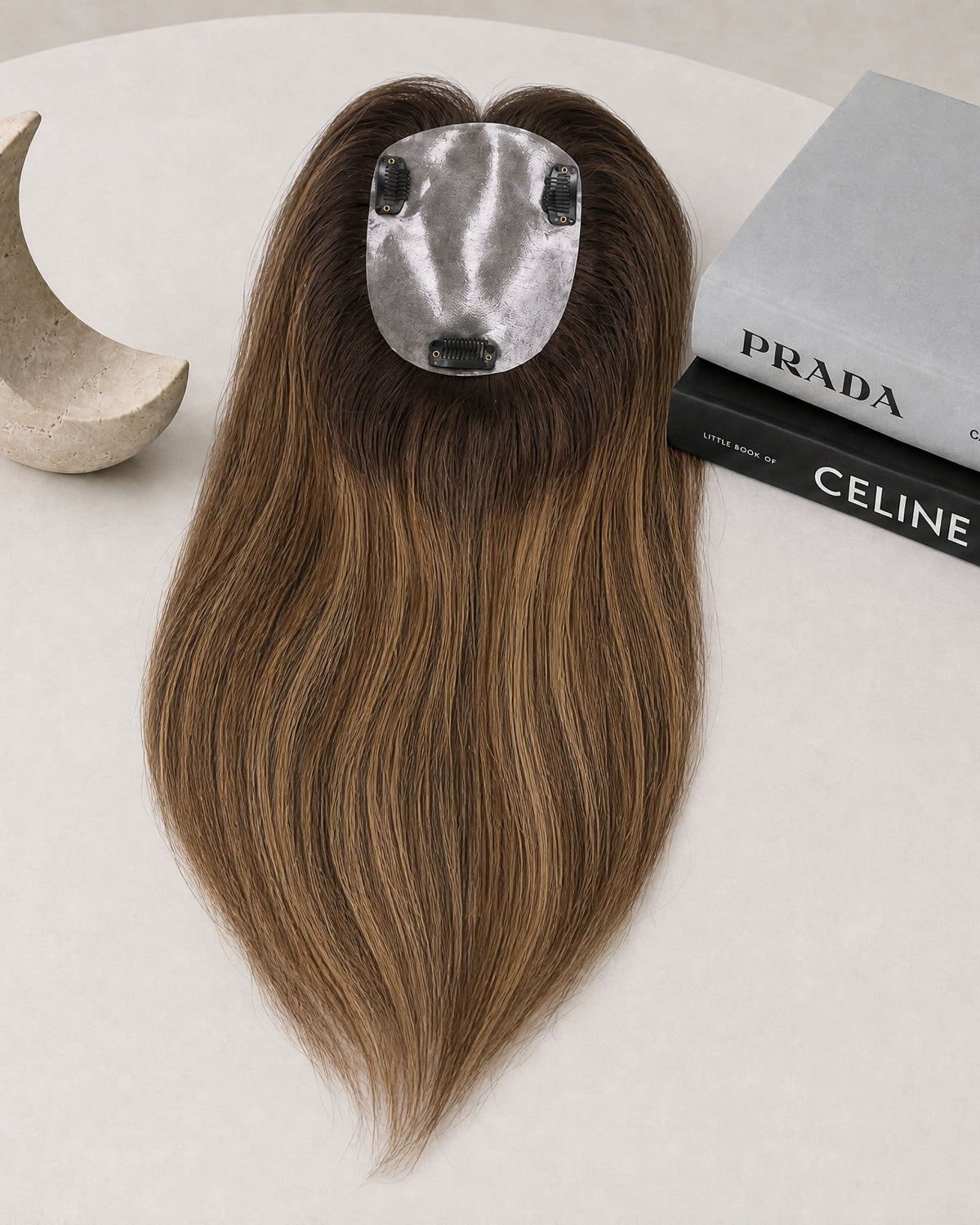 Silicone-skin hair topper with long straight dark brown hair