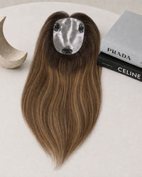 Silicone-skin hair topper with long straight dark brown hair