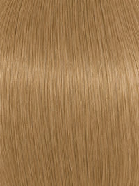 Hair integration topper with smooth, light golden blonde strands