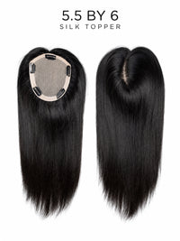 Silk base hair topper with oval mesh and metal clips, long straight dark hair