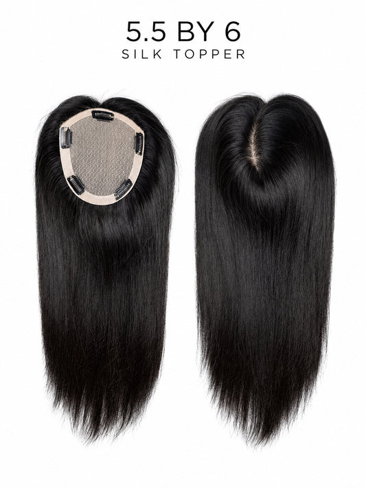 Silk base hair topper with oval mesh and metal clips, long straight dark hair