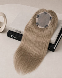 5.5"x 6" silk base Topper, shade 8A/14 — close-up of the hair