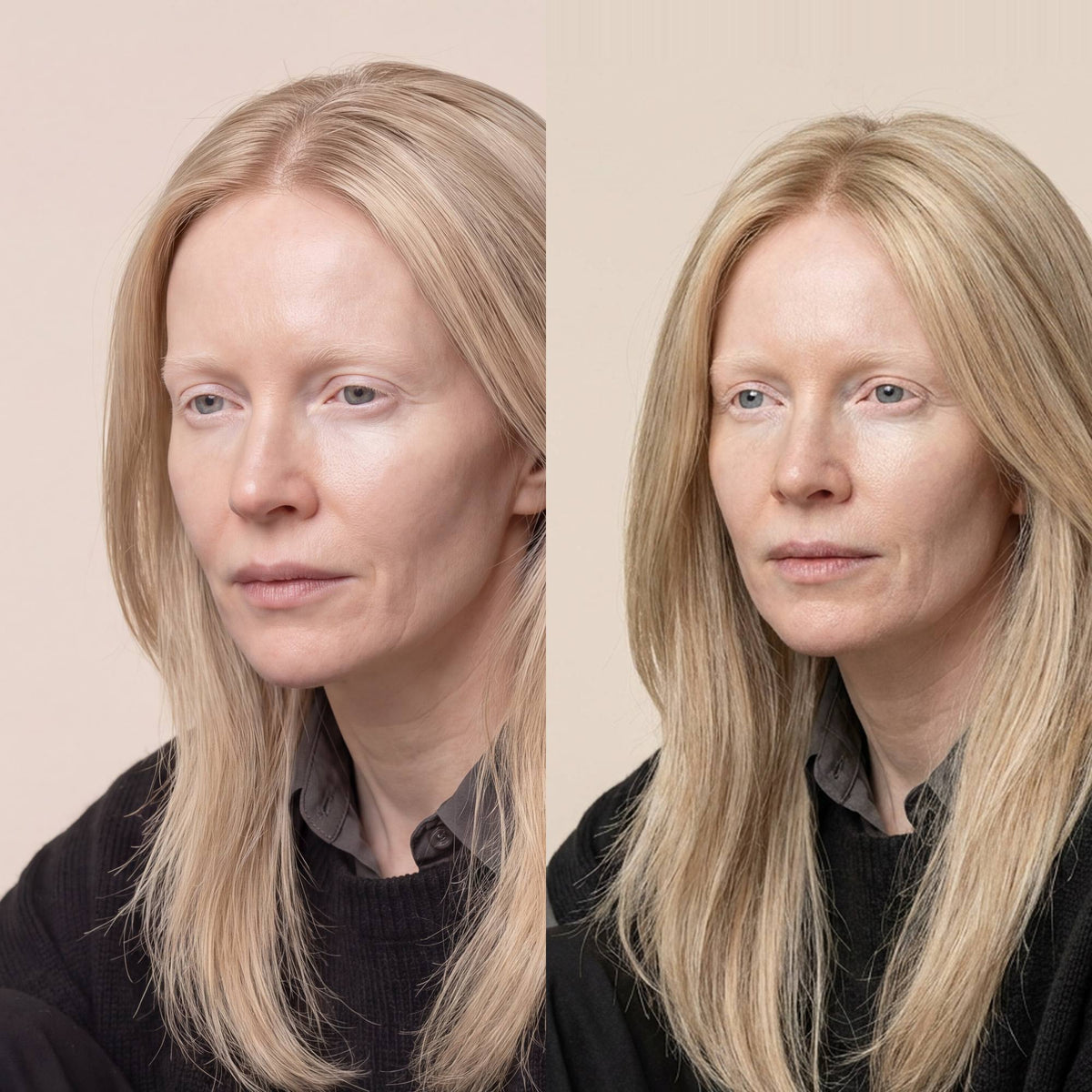 5.5"x 6" silk base Topper, shade 8D/66 — before and after
