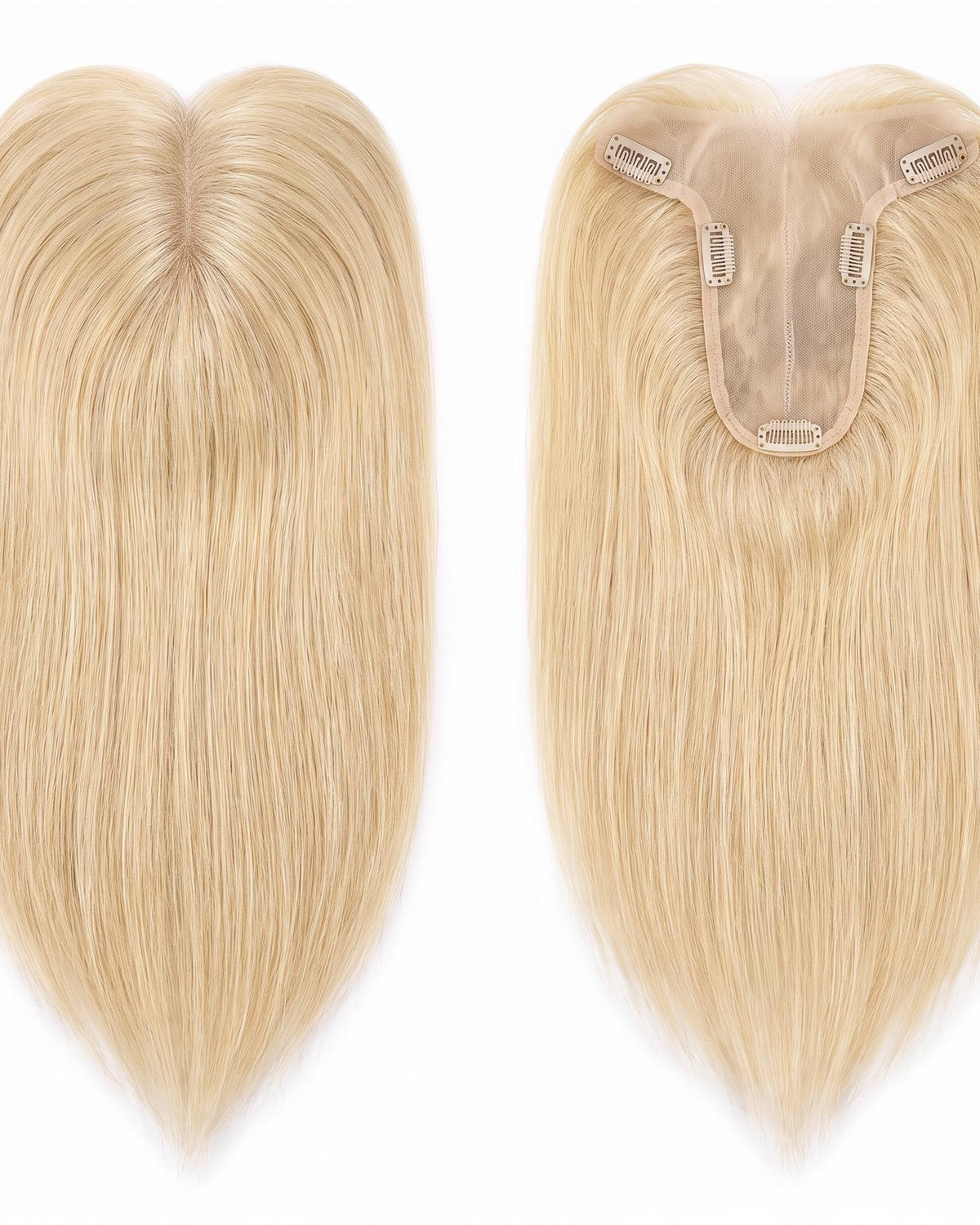 Blonde hair topper with U-shaped base and clip-on combs, straight strands
