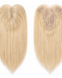 Blonde hair topper with U-shaped base and clip-on combs, straight strands