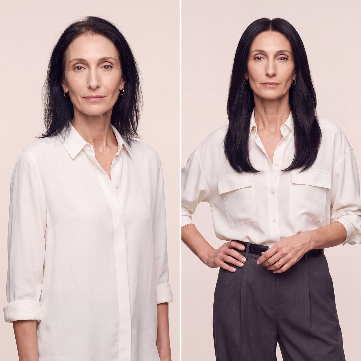 Women wearing a black hair topper, straight hair styled to the shoulders