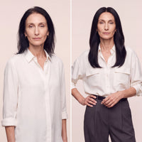Women wearing a black hair topper, straight hair styled to the shoulders