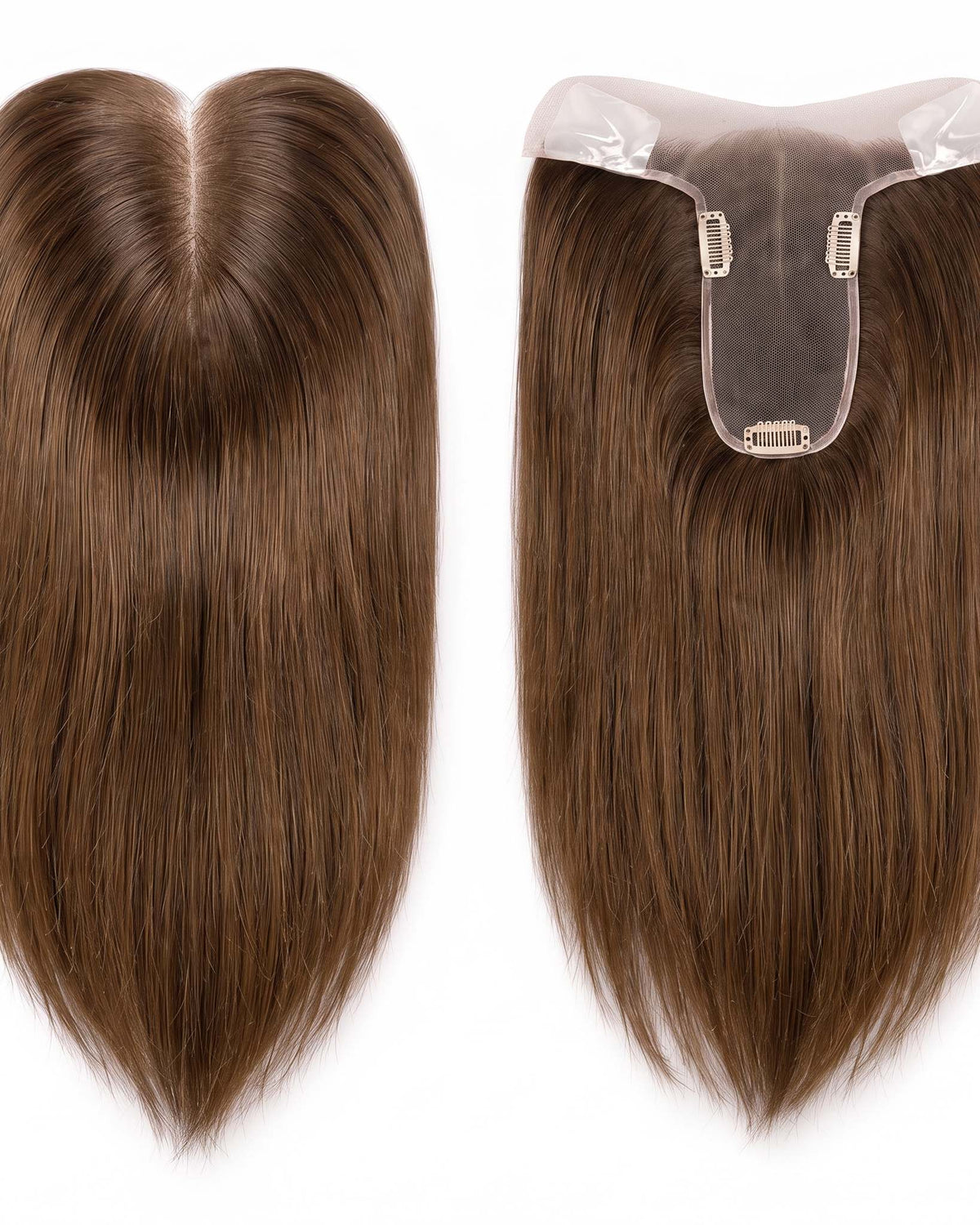 Medium-brown hair topper set with U-shaped base and three clip attachments