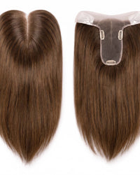 Medium-brown hair topper set with U-shaped base and three clip attachments