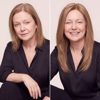 Light brown hair topper with natural hairline, close-up on wearer