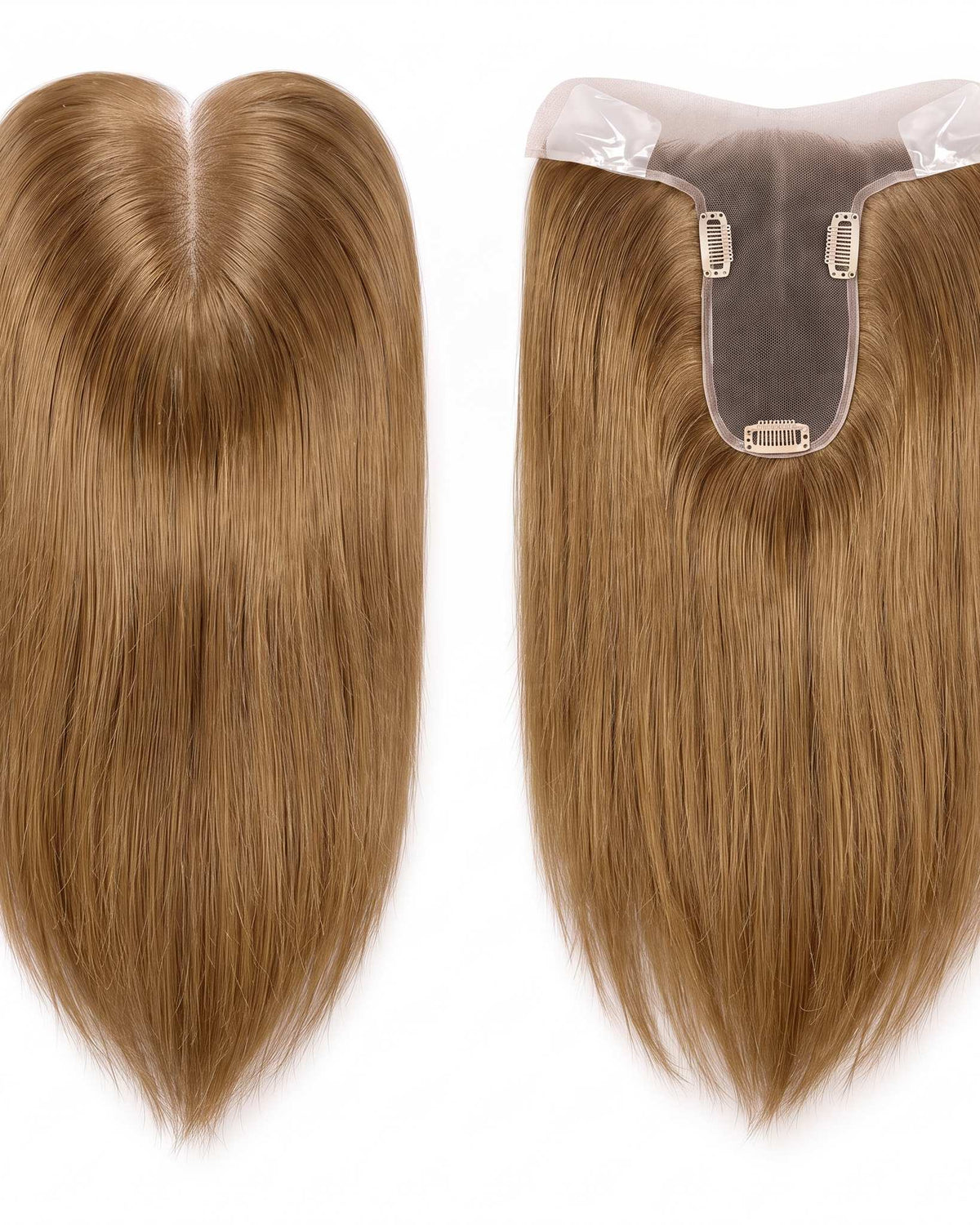 Light brown hair topper with clear base and three fastening clips