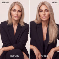 Side-by-side model wearing hairline topper for fuller, longer blonde hair
