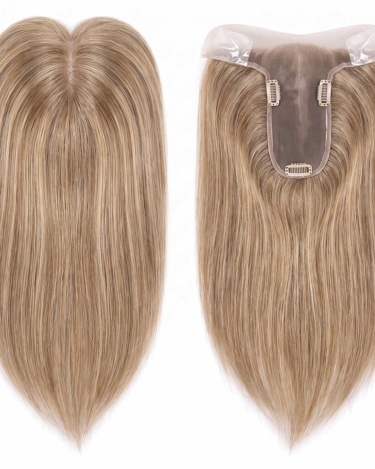 Blonde hair topper set with U-shaped base and clip attachments