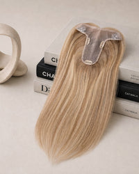 Hairline topper with warm light blonde hair and lace front base with two clips