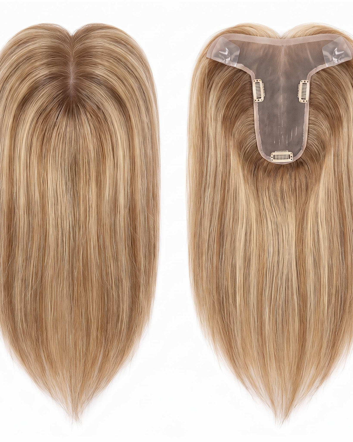 Blonde hair topper with U-shaped base and clip-on combs, straight strands