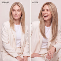 Long blonde hair topper with natural hairline, worn in a side-parted look