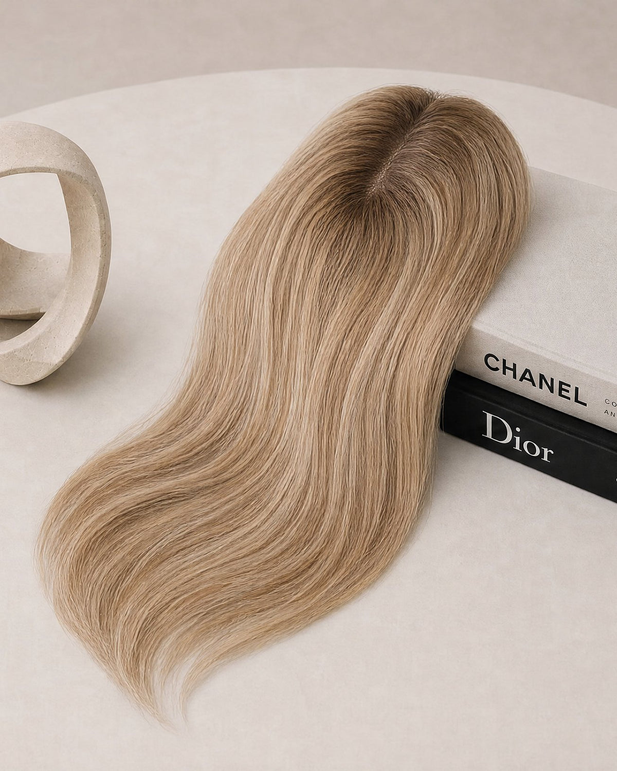 Hairline topper with honey-blonde straight hair and lace front base with two clips