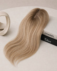 Hairline topper with honey-blonde straight hair and lace front base with two clips