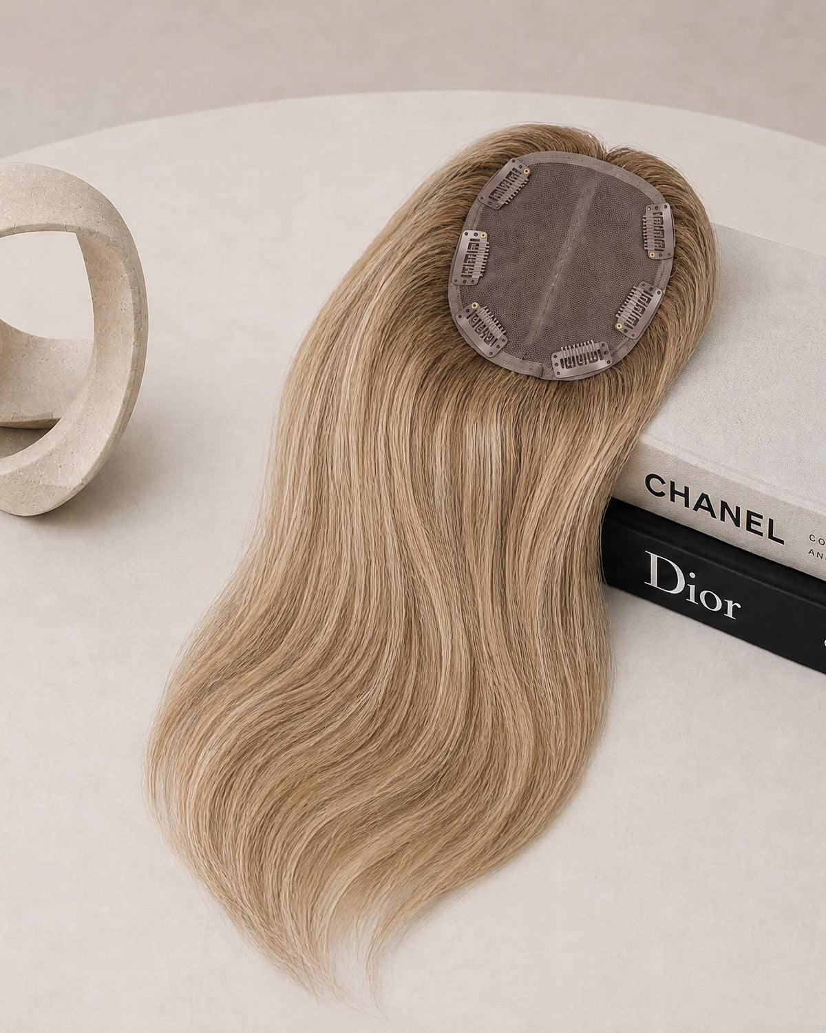 Hairline topper in honey-blonde with lace front base and two securing clips