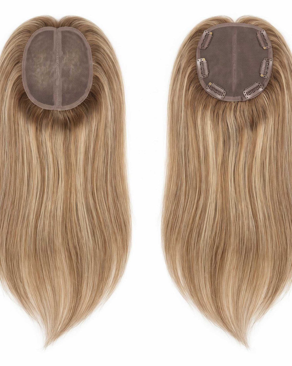 Hair topper with circular base and long light-blonde hair strands