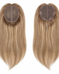 Hair topper with circular base and long light-blonde hair strands