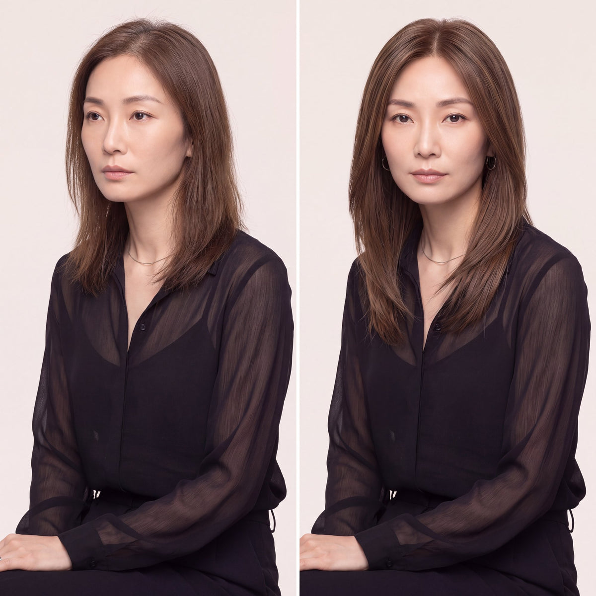 Hair topper with long straight dark-brown hair and natural-looking center part