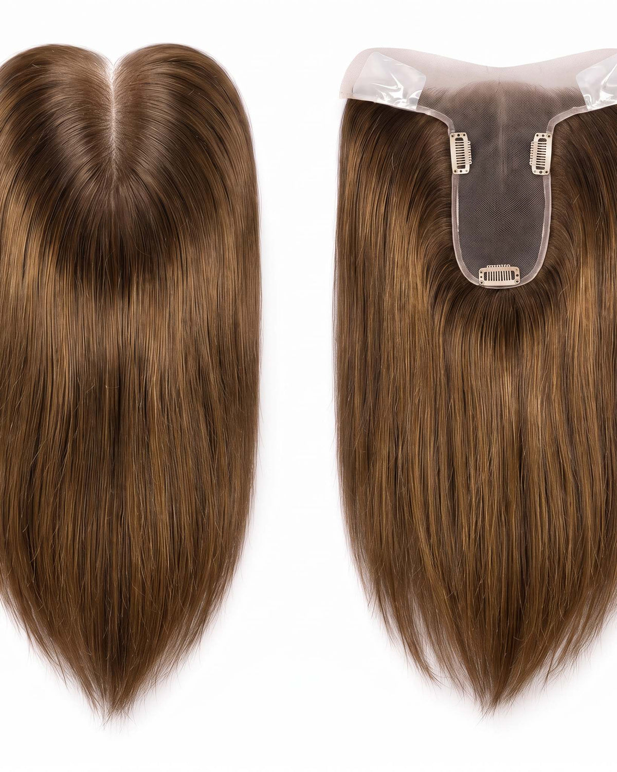 Brown hair topper with U-shaped base and clip-on combs, straight hair