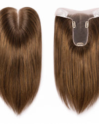 Brown hair topper with U-shaped base and clip-on combs, straight hair