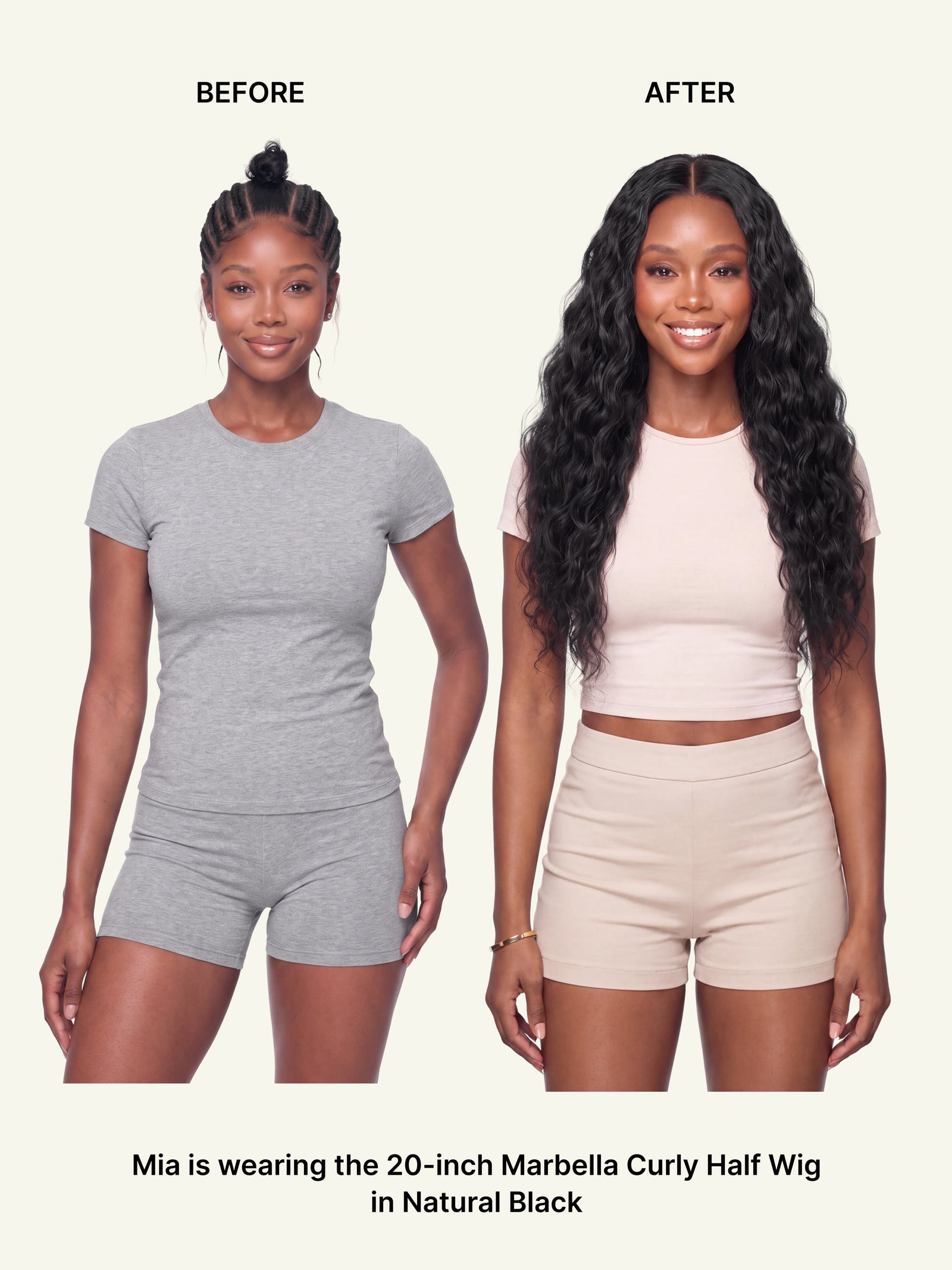 Body wave U-part wig with long black body-waved hair and middle part