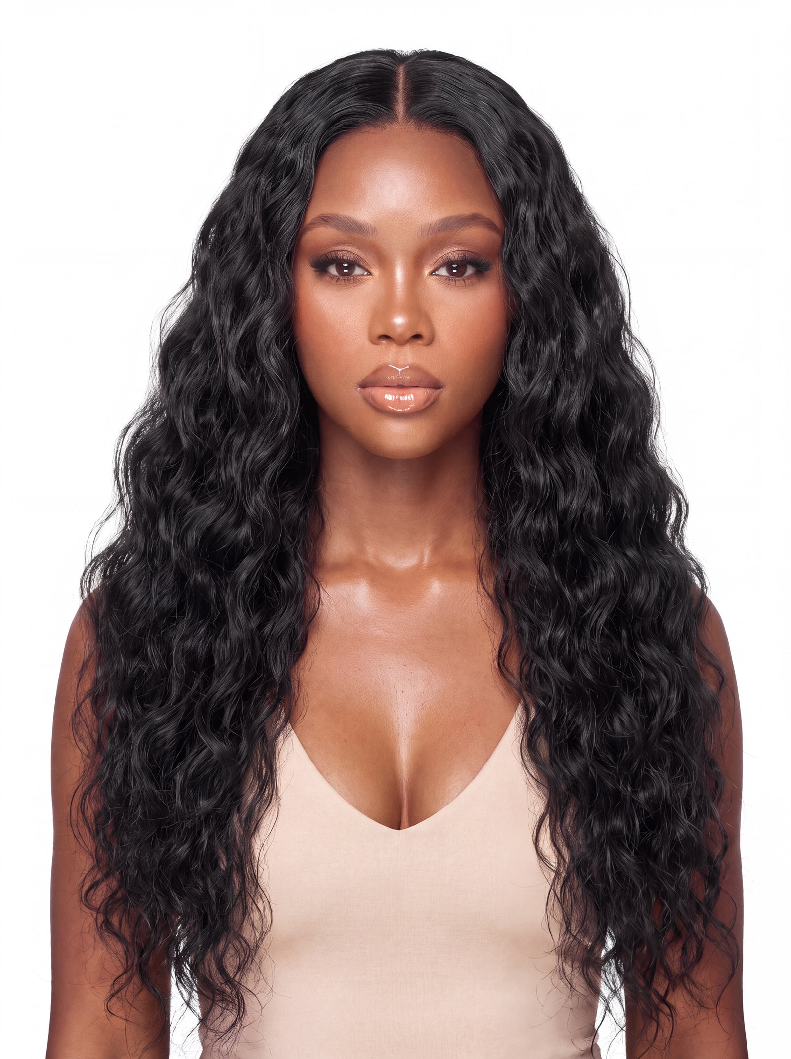 Body wave U-part wig close-up with long black waves and center part