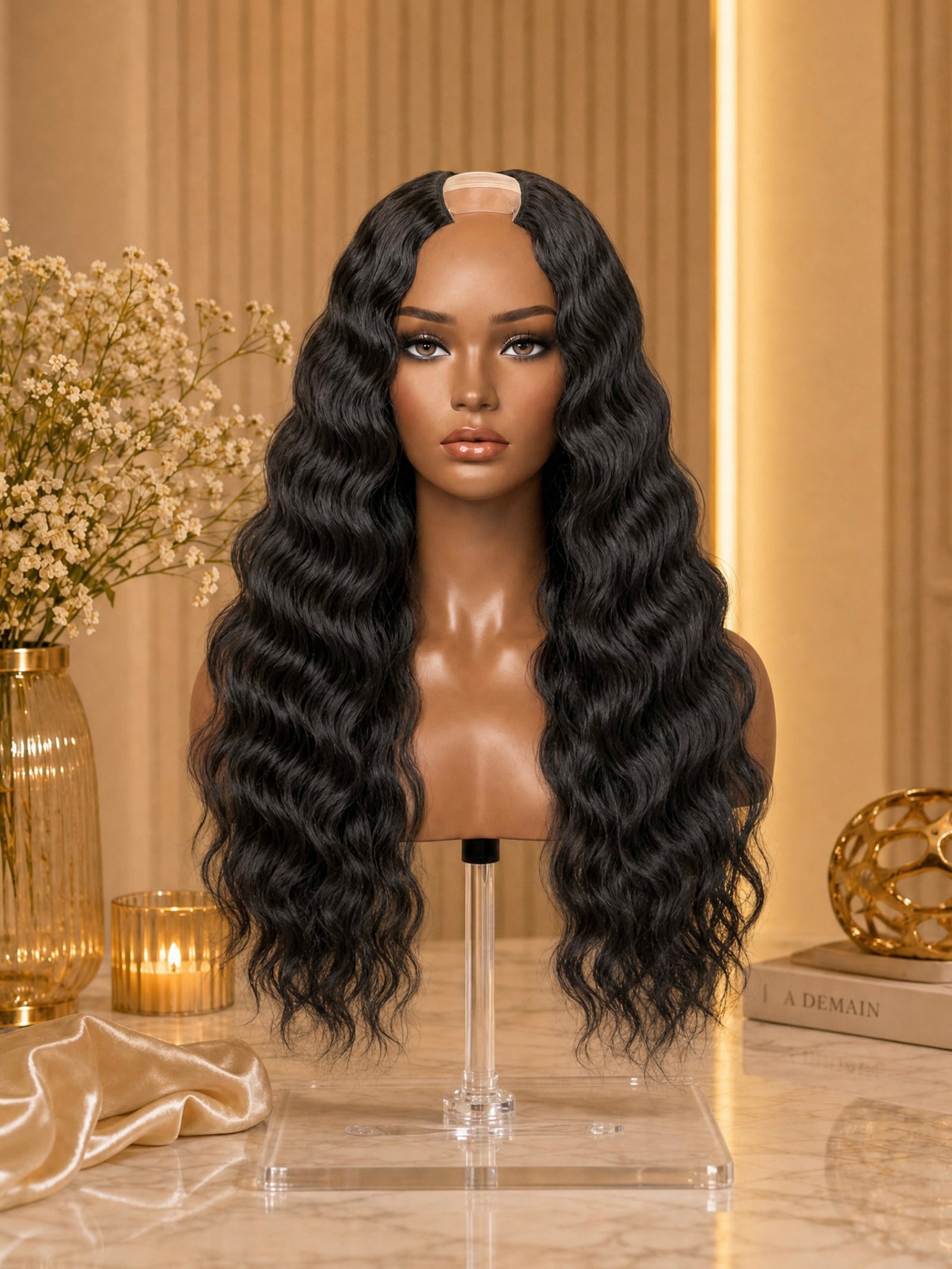 Body wave U-part wig on stand with long black wavy hair, center part